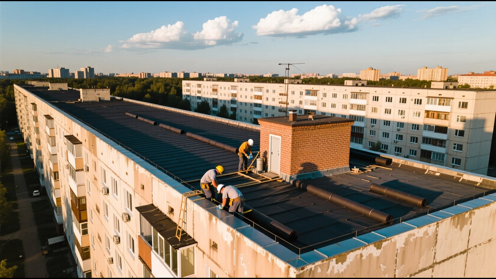 Ремонт плоской кровли многоквартирного панельного дома, вид сверху