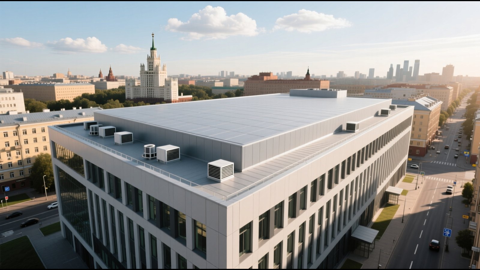 Плоская мембранная кровля офисного здания с высоты
