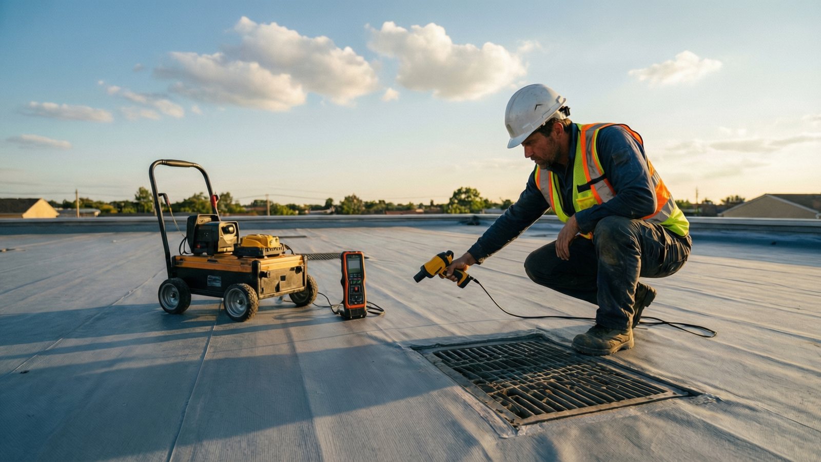Специалист с тепловизором на плоской мембранной кровле, рядом георадар и дефектоскоп