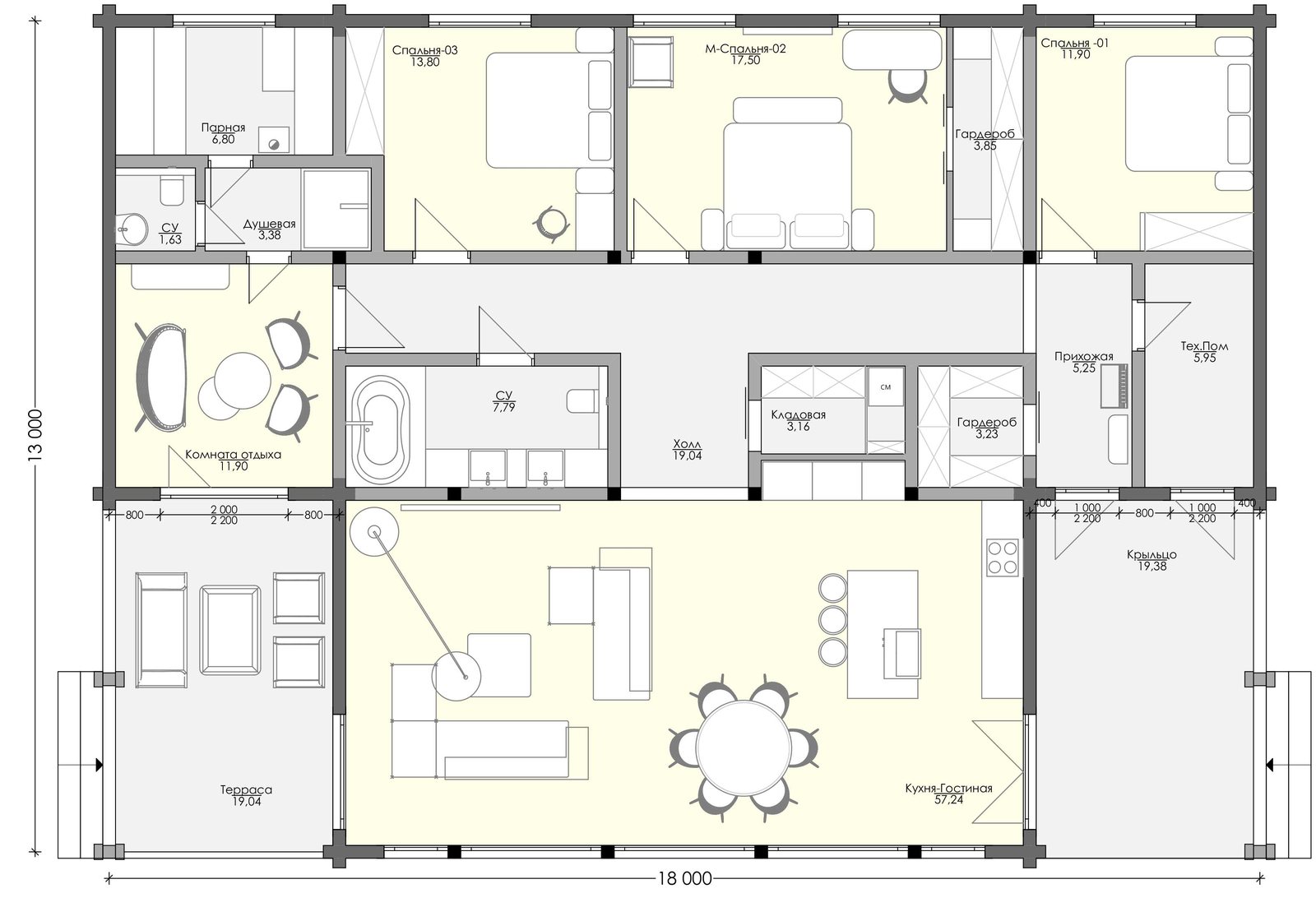 Проект «Кенди»: План первого этажа, 234 м², габариты 13 на 18 м