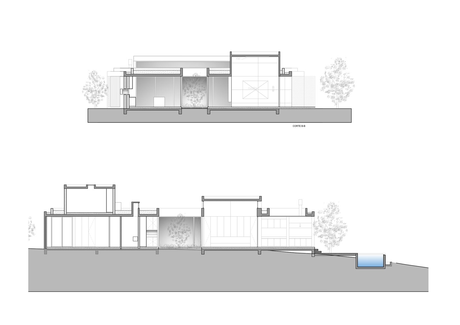 Hikari House: Разрезы: плита кровли с бортами по краям, на плите слой покрытия, над частью объёмов светопрозрачные проёмы
