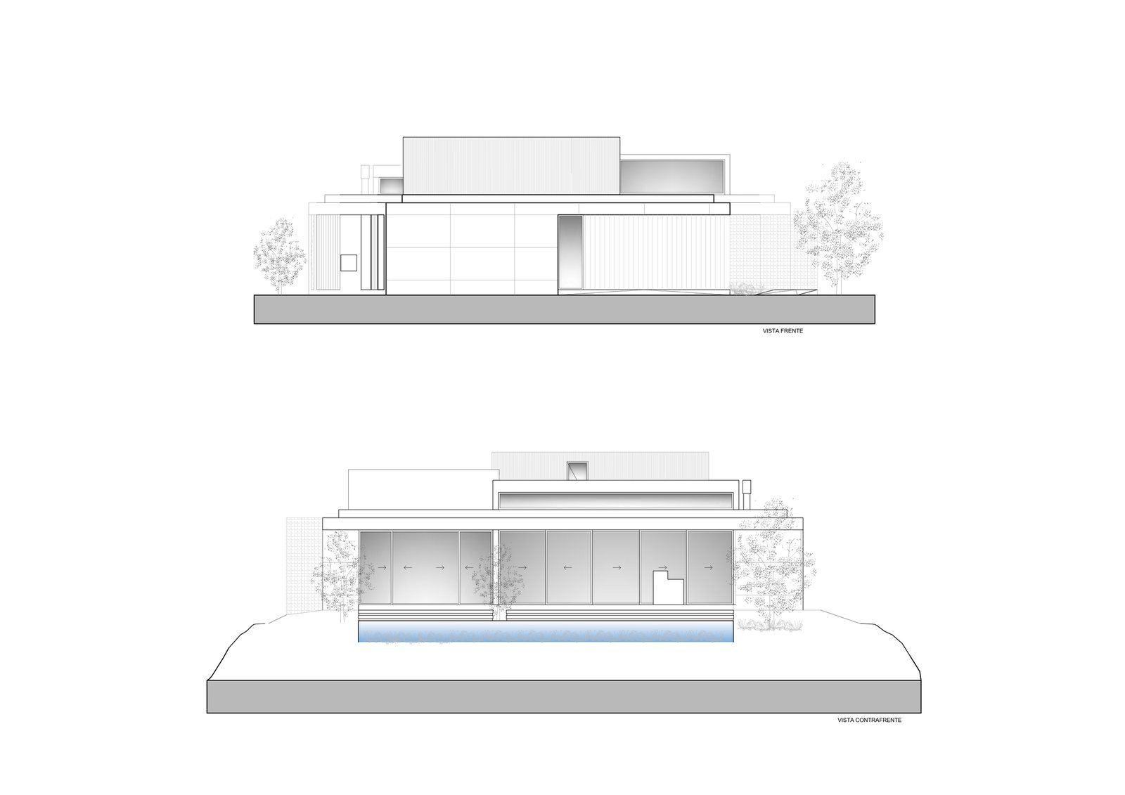 Hikari House: Фасады главный и дворовый: низкий дом с горизонтальной линией кровли и отдельными поднятыми объёмами