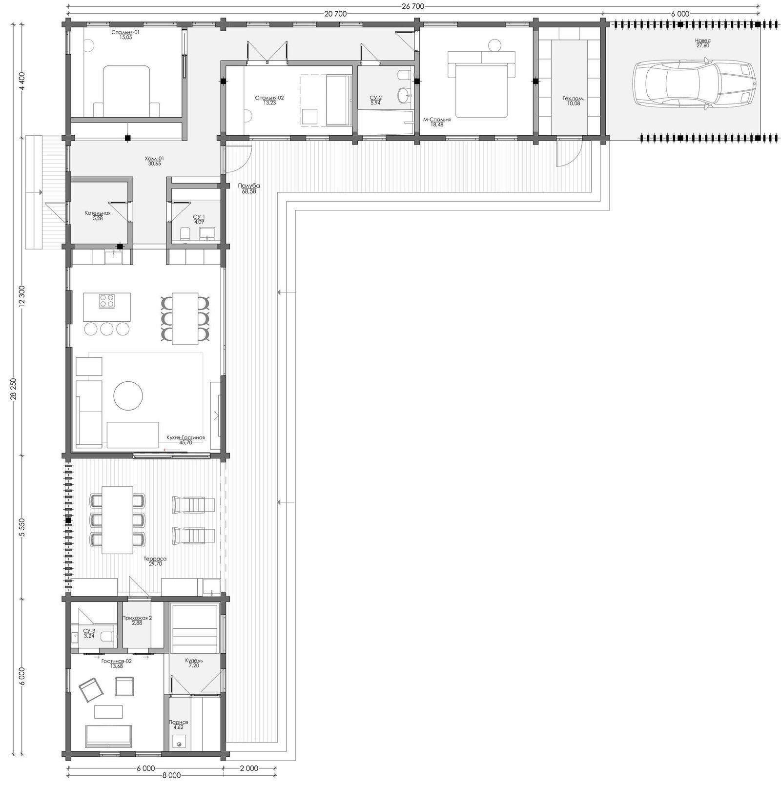 Проект «Пулман»: План первого этажа, 330 м², габариты 19,8 на 19,5 м, дом Г-образный