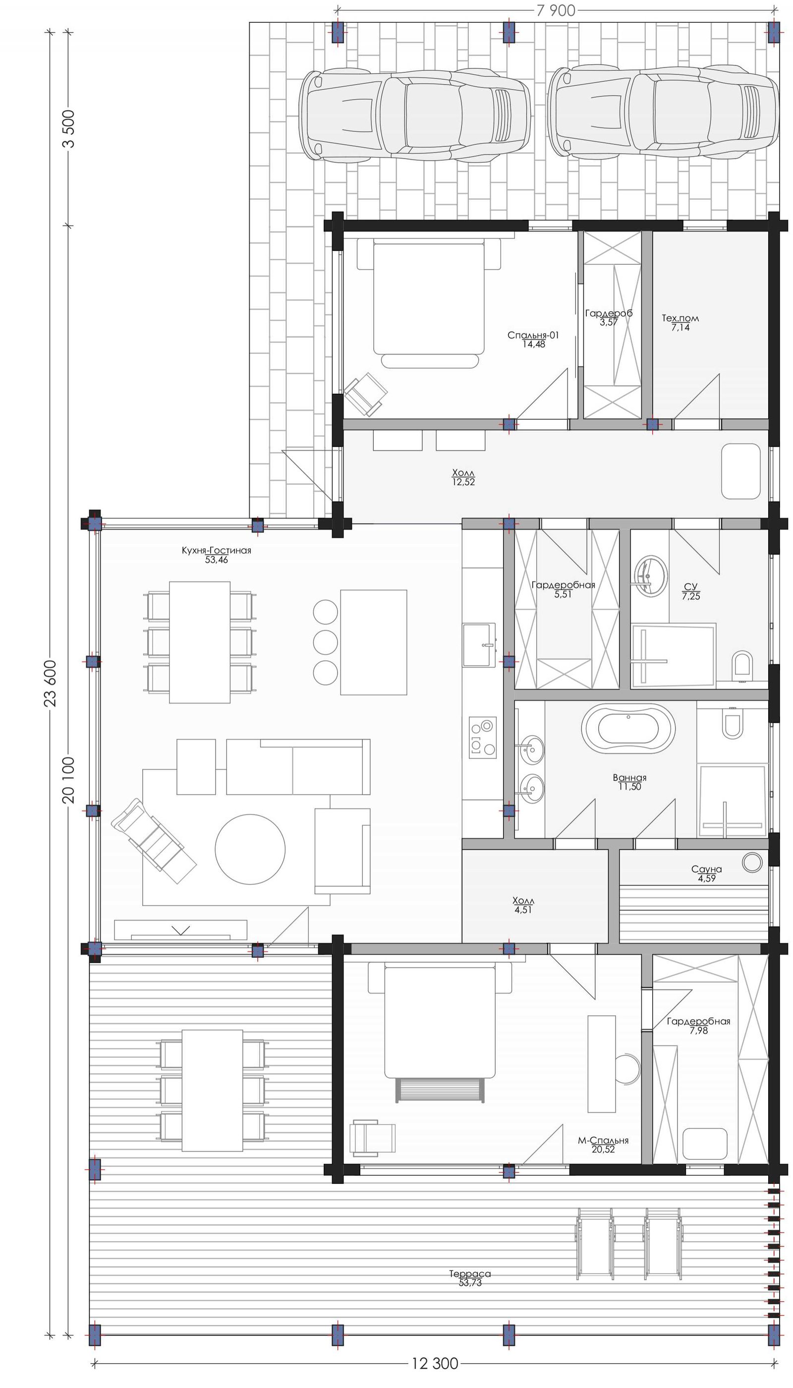 Проект «Репино»: План первого этажа, 264 м², габариты 23,6 на 12,3 м
